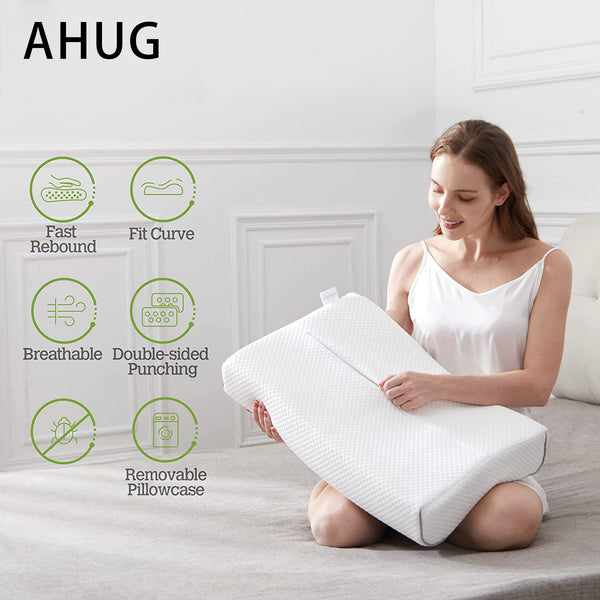 AHUG 100% Natural Latex Pillow (Standard) w. Balanced Medium Firmness Between Softness and Support, Curving Ergonomic Bed Pillow with Curved High and Low Profiles Design for Side and Back Sleepers