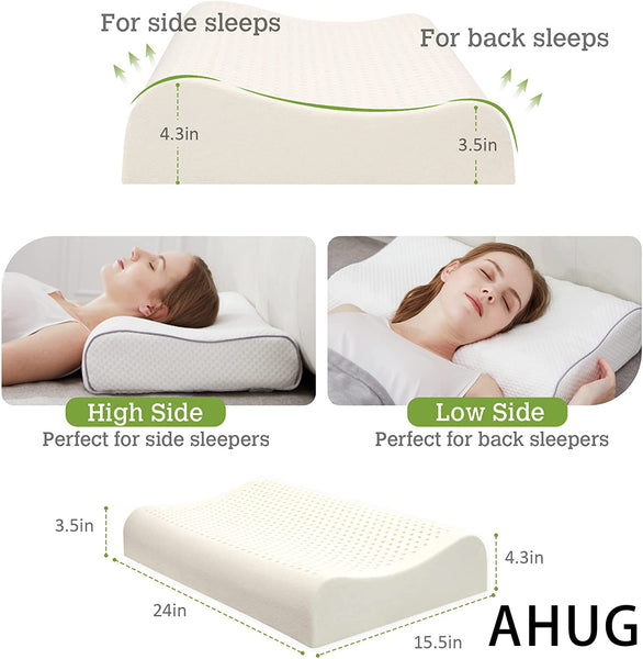 AHUG 100% Natural Latex Pillow (Standard) w. Balanced Medium Firmness Between Softness and Support, Curving Ergonomic Bed Pillow with Curved High and Low Profiles Design for Side and Back Sleepers