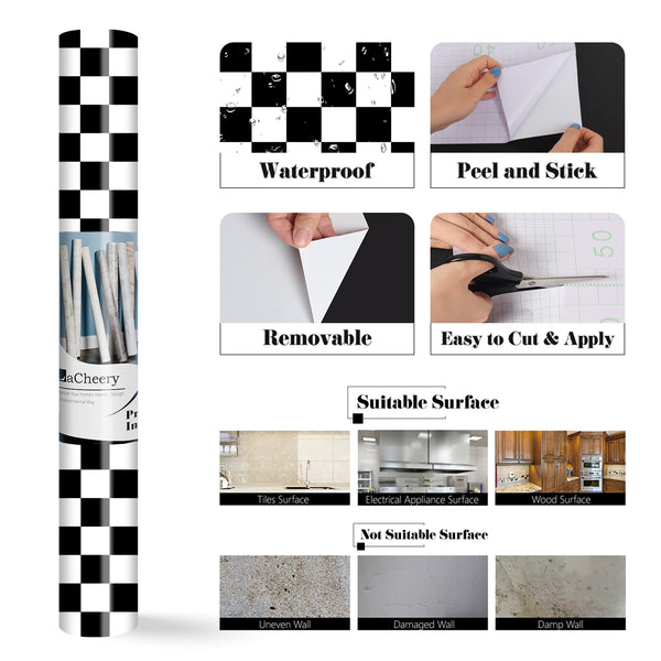LaCheery Checkered Contact Paper Decorative Black and White Wall Paper Roll Peel and Stick Wallpaper Removable Self Adhesive Checkered Wallpaper for Kitchen Backsplash Shelf Drawer Liners