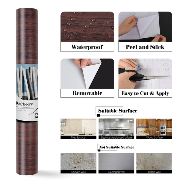 LaCheery Dark Brown Wood Contact Paper 15.8"x80" Decorative Self Adhesive Counter Top Covers Removable Wood Wallpaper Peel and Stick Countertops for Kitchen Cabinets Closet Drawer Furniture Doors